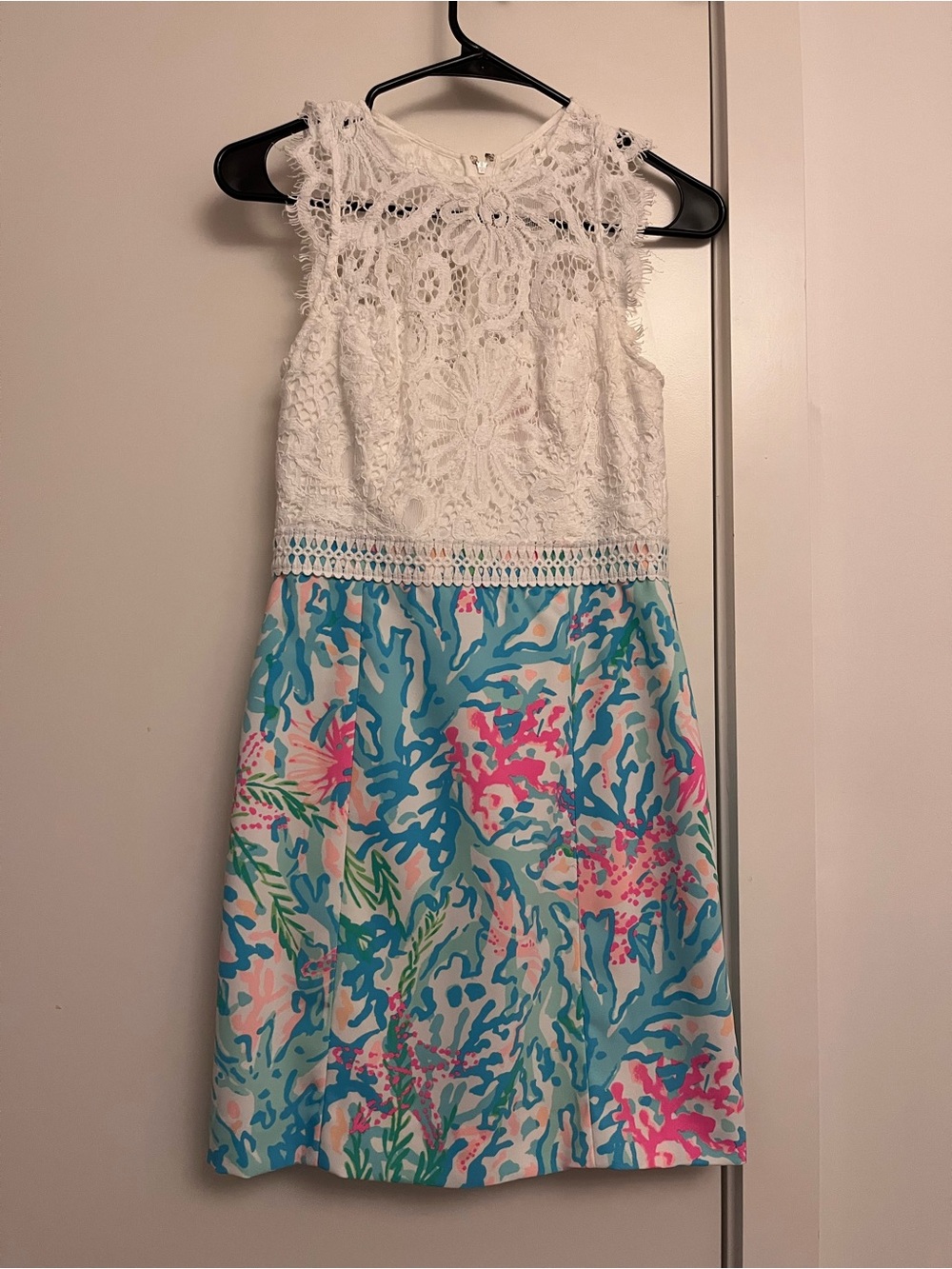 Lilly Pulitzer White Lace Bodice Dress with Blue, Pink & Green Coral Print